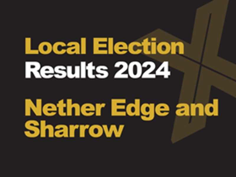 A black background with a light brown X, written across it is Local Election in green with results 2024 in white, underneath that is written Nether Edge and Sharrow in green