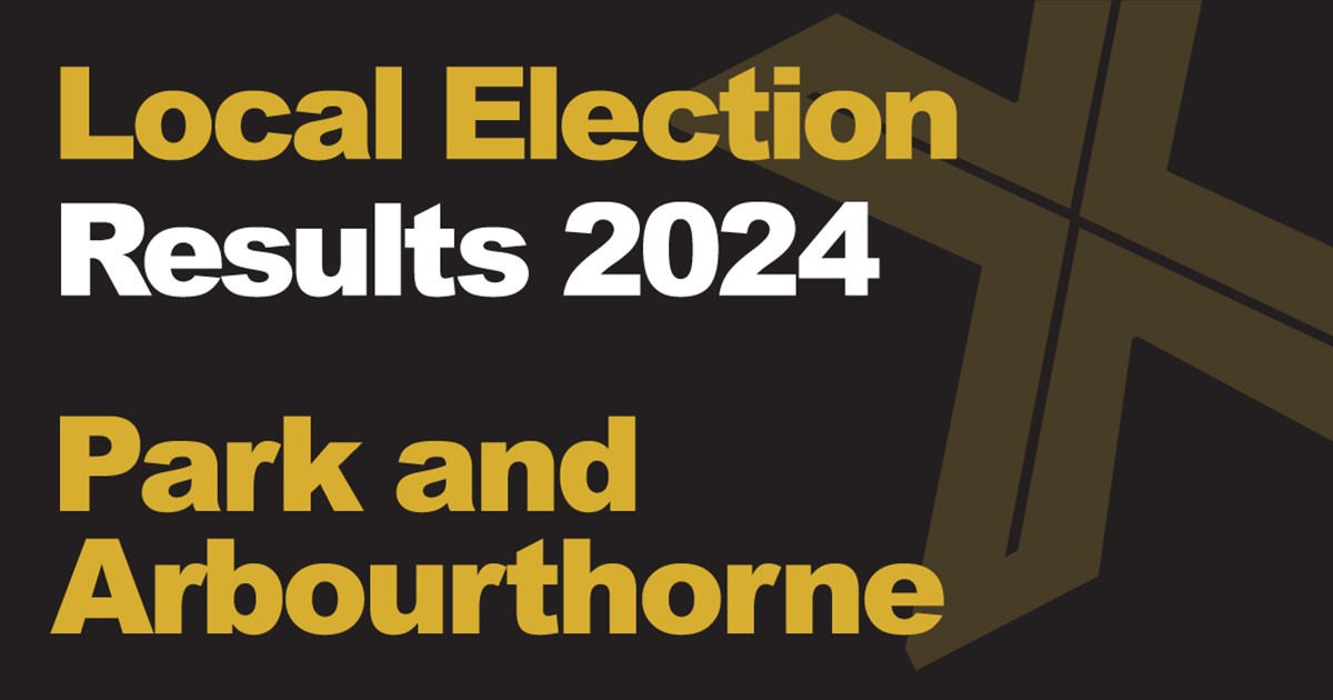 A black background with a light brown X, written across it is Local Election in green with results 2024 in white, underneath that is written Park and Arbourthorne in green