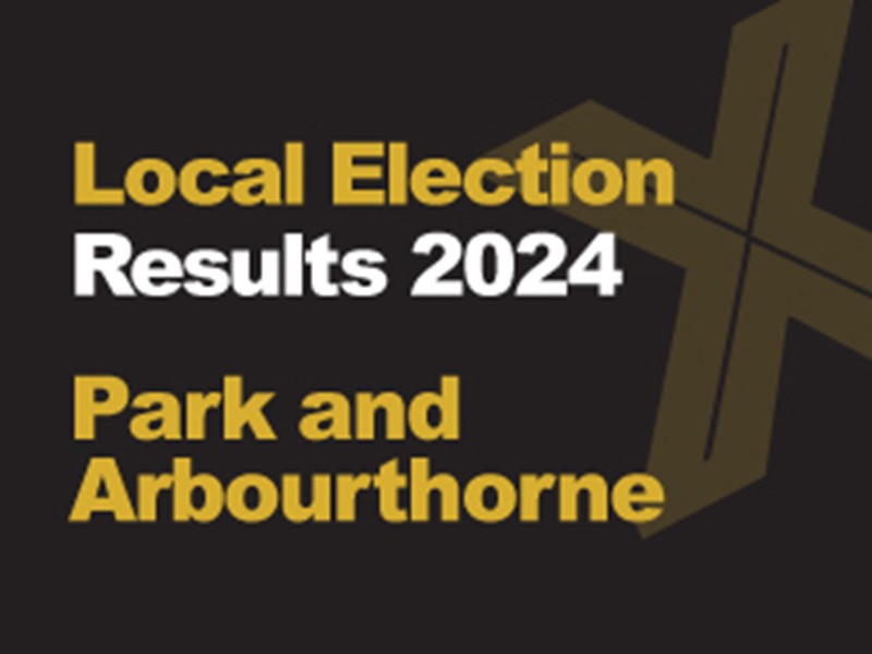 A black background with a light brown X, written across it is Local Election in green with results 2024 in white, underneath that is written Park and Arbourthorne in green