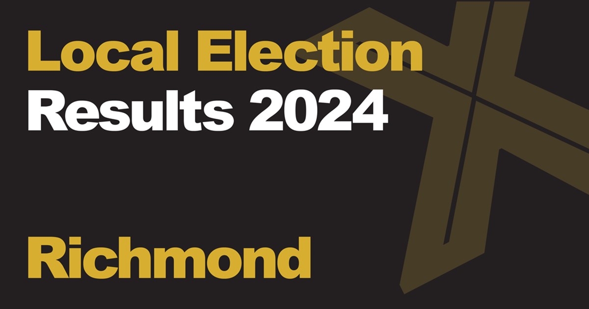 A black background with a light brown X, written across it is Local Election in green with results 2024 in white, underneath that is written Richmond in green