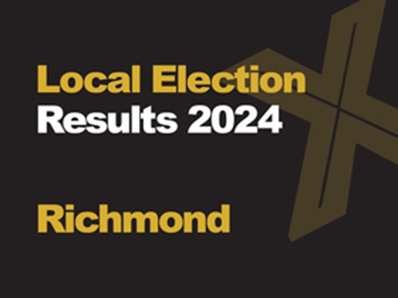 A black background with a light brown X, written across it is Local Election in green with results 2024 in white, underneath that is written Richmond in green