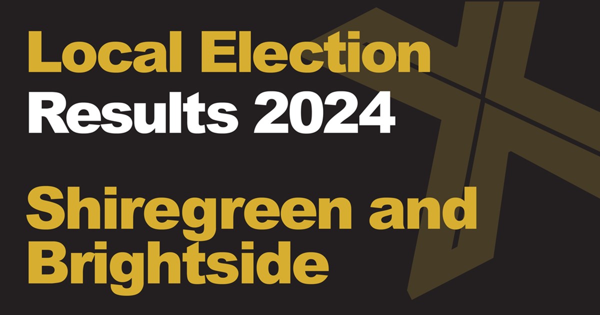 A black background with a light brown X, written across it is Local Election in green with results 2024 in white, underneath that is written Shiregreen and Brightside in green