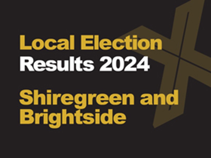 A black background with a light brown X, written across it is Local Election in green with results 2024 in white, underneath that is written Shiregreen and Brightside in green