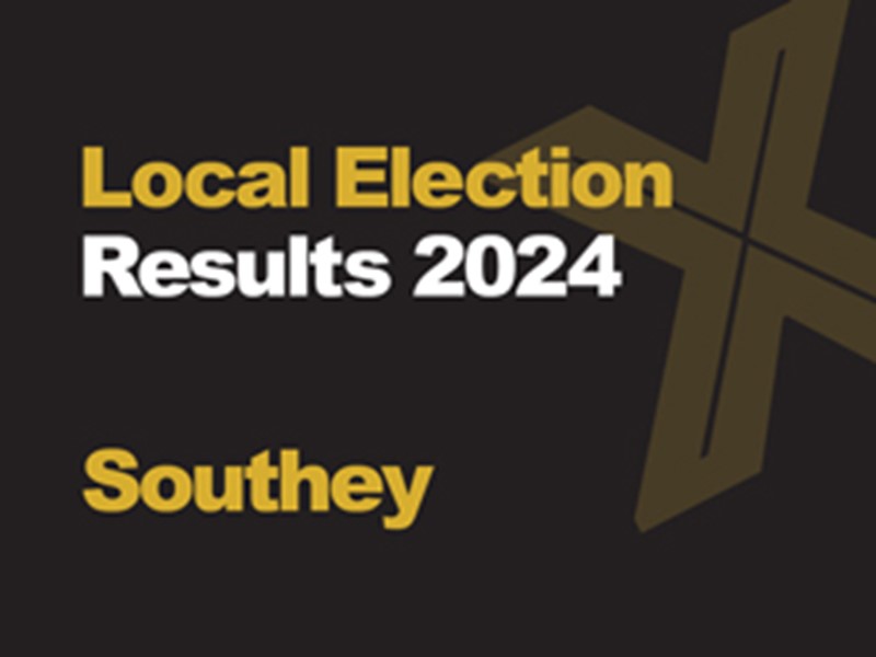 A black background with a light brown X, written across it is Local Election in green with results 2024 in white, underneath that is written Southey in green