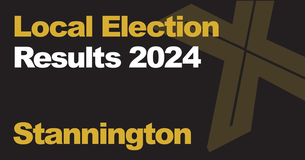 A black background with a light brown X, written across it is Local Election in green with results 2024 in white, underneath that is written Stannington in green