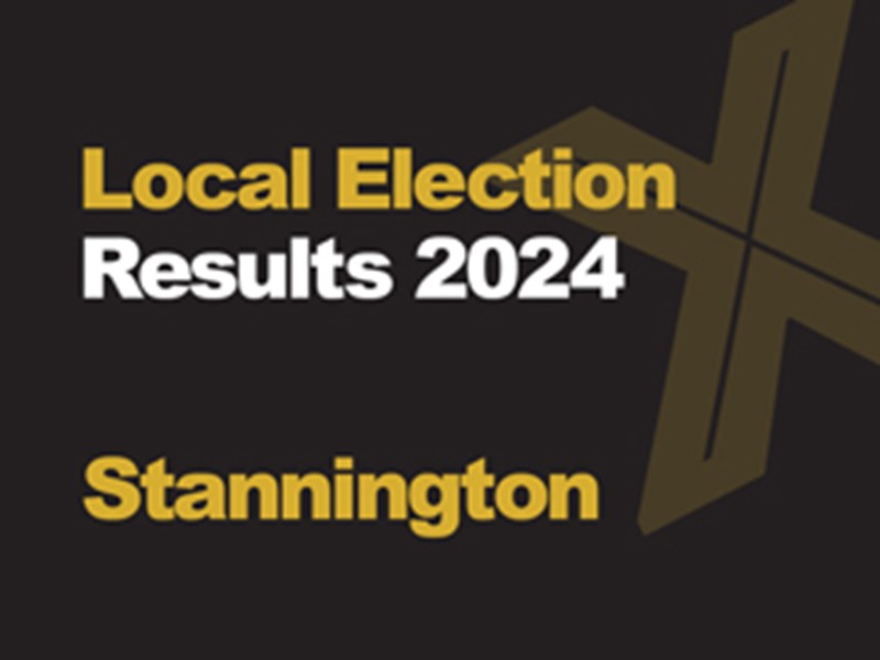 A black background with a light brown X, written across it is Local Election in green with results 2024 in white, underneath that is written Stannington in green