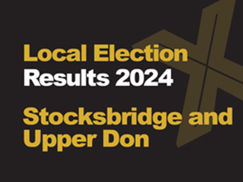 A black background with a light brown X, written across it is Local Election in green with results 2024 in white, underneath that is written Stocksbridge and Upper Don in green