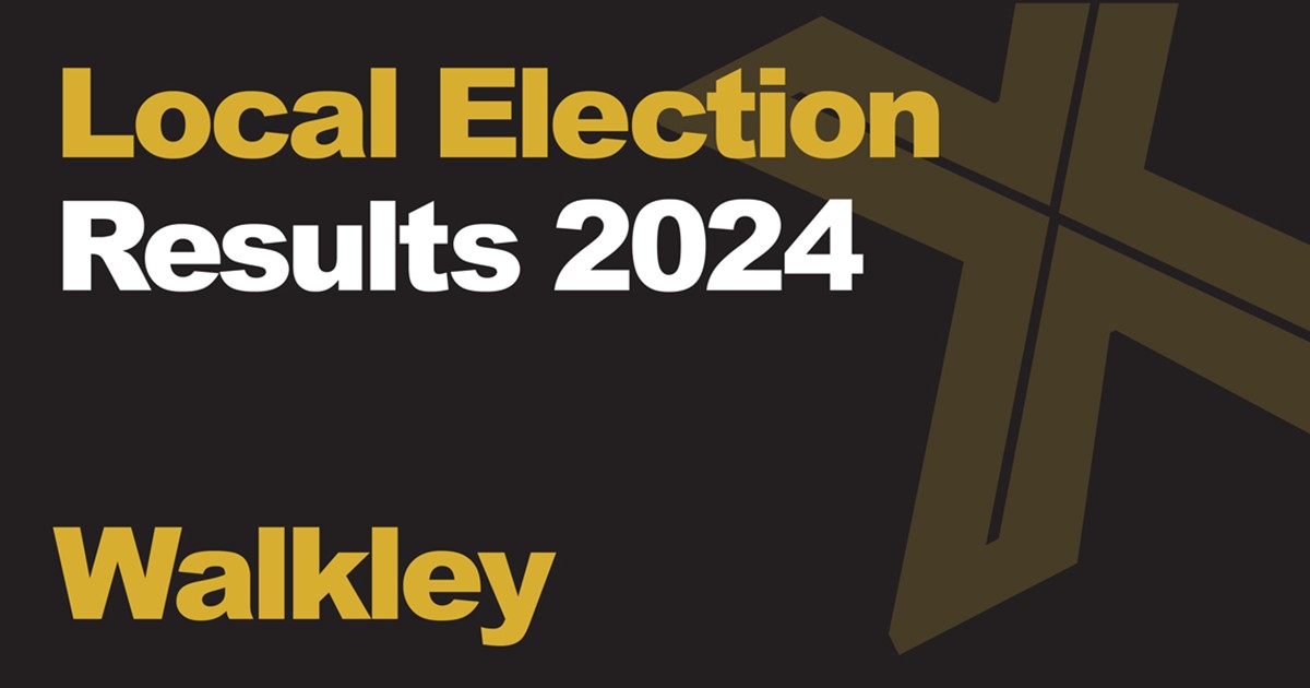 A black background with a light brown X, written across it is Local Election in green with results 2024 in white, underneath that is written Walkley in green