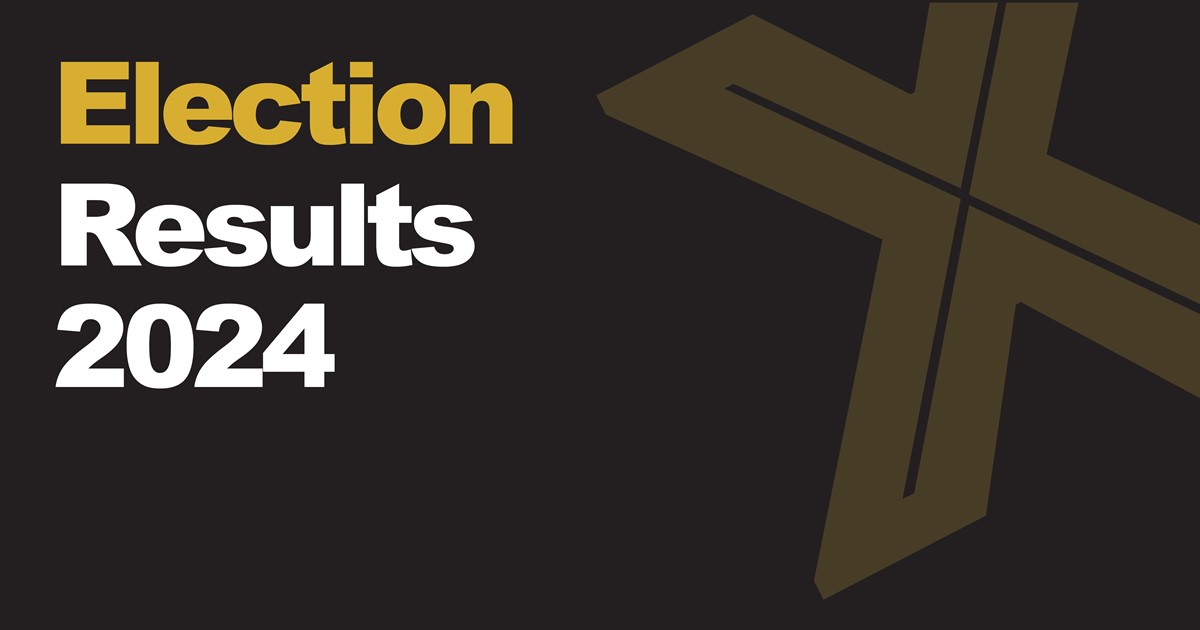 The text Election Results 2024 on a black background with a gold cross