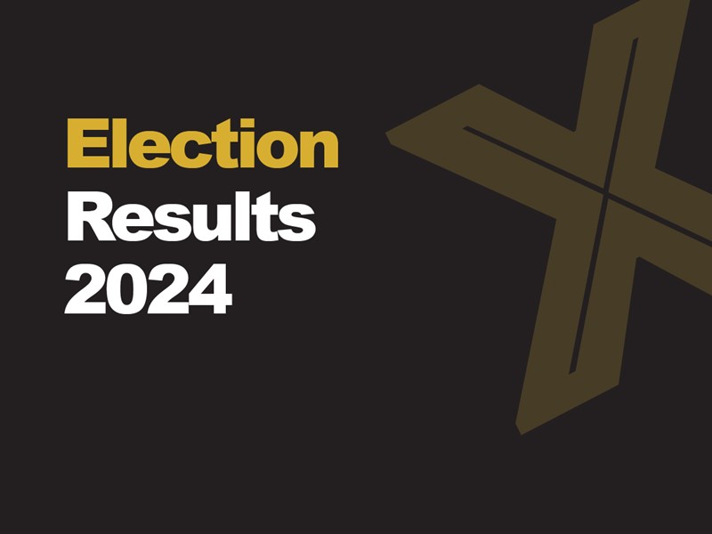 The text Election Results 2024 on a black background with a gold cross