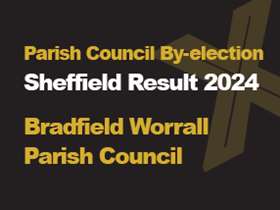 A black background with a light brown X, written across it is Parish Council By-election in green with Sheffield Results 2024 in white, underneath that is written Bradfield Worrall Parish Council in green A black background with a light brown X, written across it is Parish Council By-election in green with Sheffield Results 2024 in white, underneath that is written Bradfield Worrall Parish Council in green