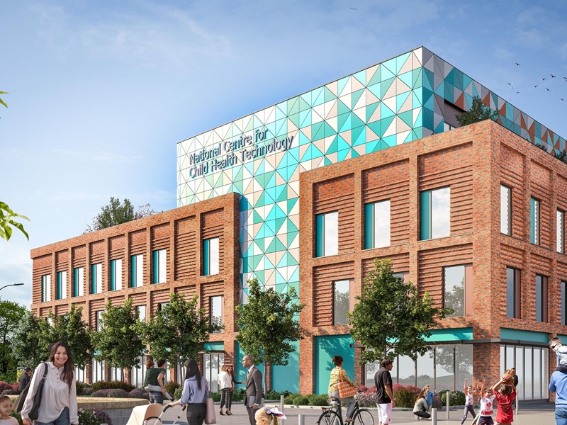 An artist impression of what the National Centre for Child Health Technology will look like once complete, the three storey building has a line of tress in front of it