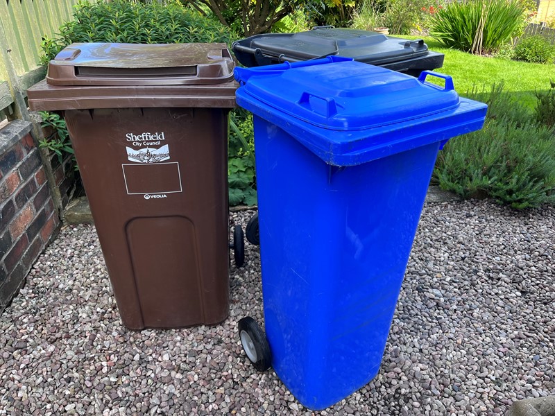 Blue, brown, and black bin in a garden