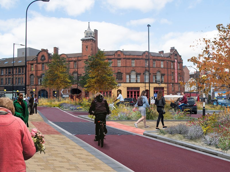 An artist impression showing people walking along segregated walk ways surrounded by trees and greenery. In the back ground is a red brick former fire station building.