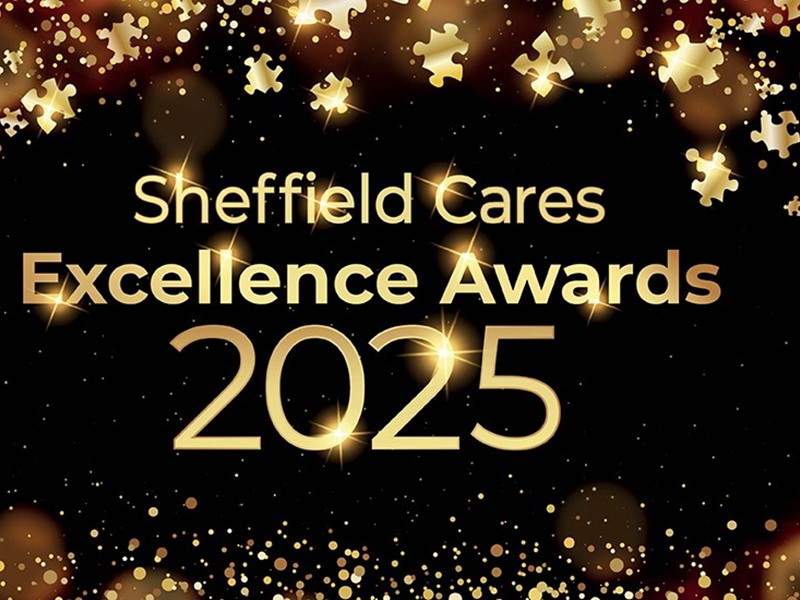 Sheffield Cares Excellence Awards 2025 in gold writing with black and gold glitter around the edges