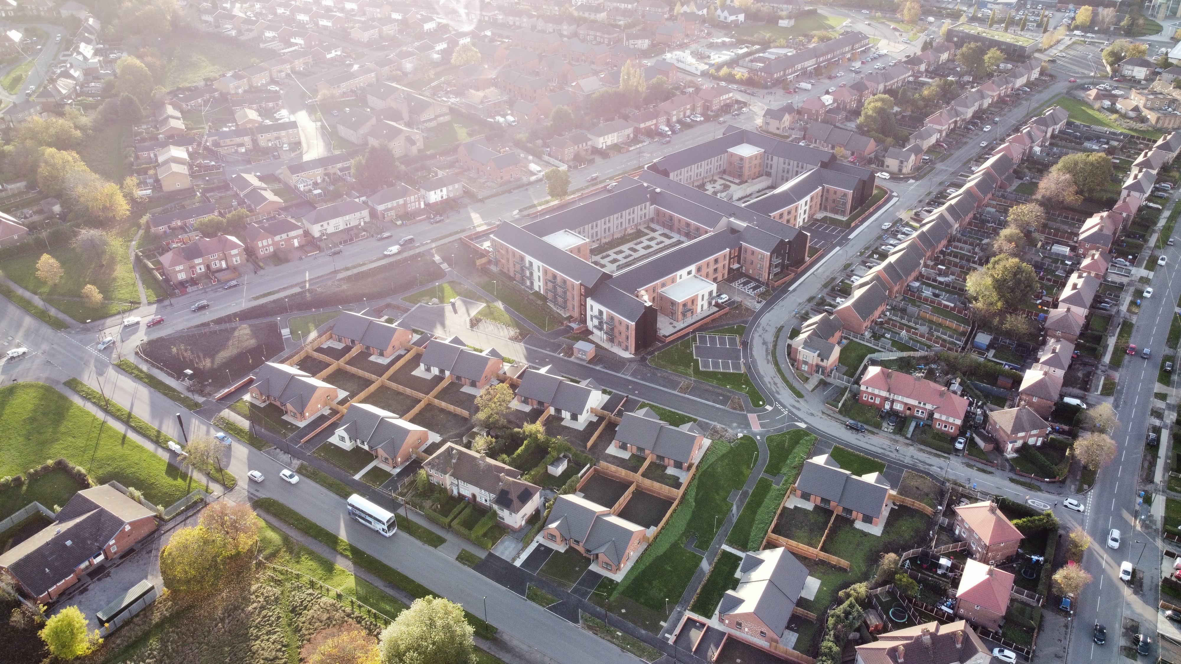 An aerial shot of housing in Sheffield on a bright and sunny day