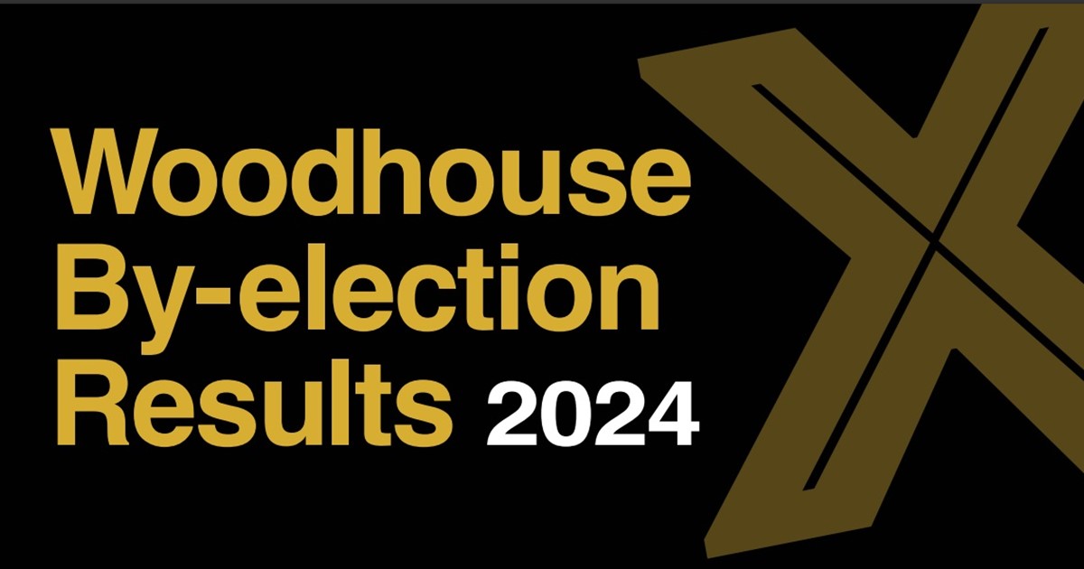 Graphic showing the words 'Woodhouse by-election results 2024' in green on a dark back ground, a green cross is also displayed to the right of the image