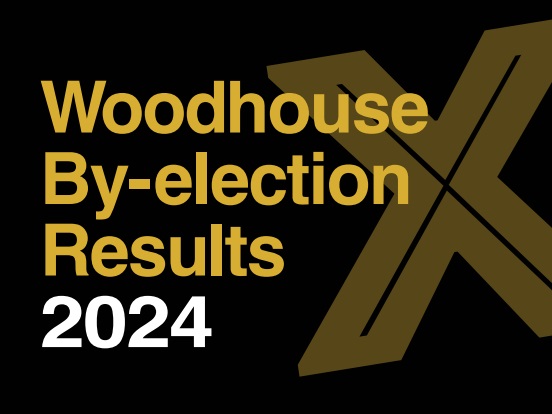 Graphic showing the words 'Woodhouse by-election results 2024' in green on a dark back ground, a green cross is also displayed to the right of the image
