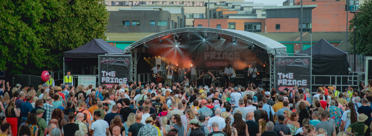 Main stage at Tramlines Fringe with crowds of people in front