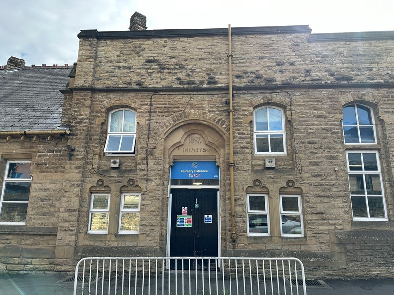 The main entrace to Springfield Nursery at the Springfield Primary School site in Sheffield city centre, on a cloudy day