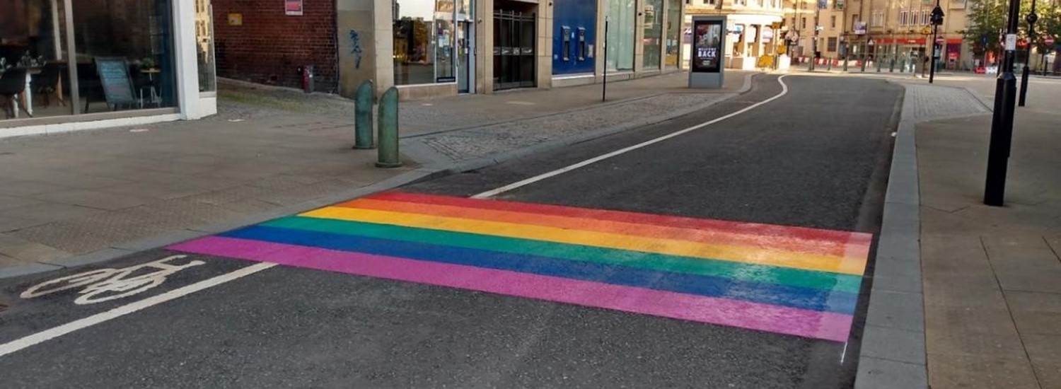 Rainbow crossing on the road in Sheffield city centre