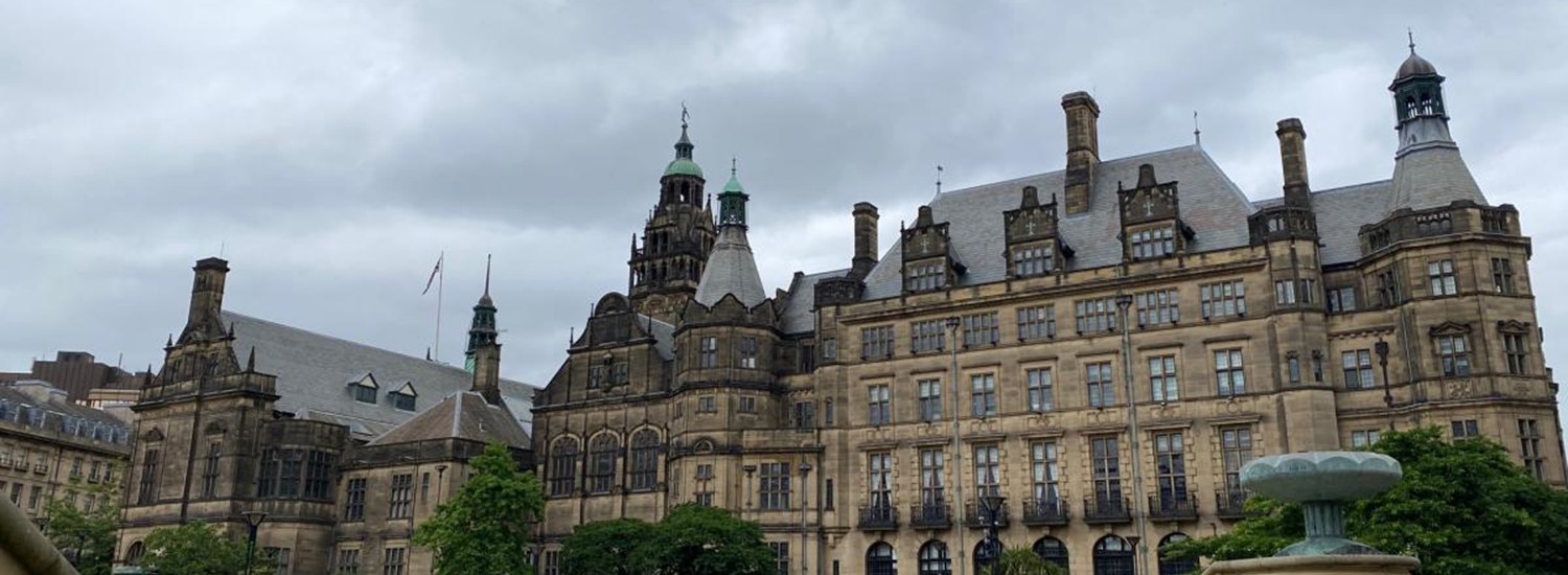 Sheffield Town Hall against a grey sky