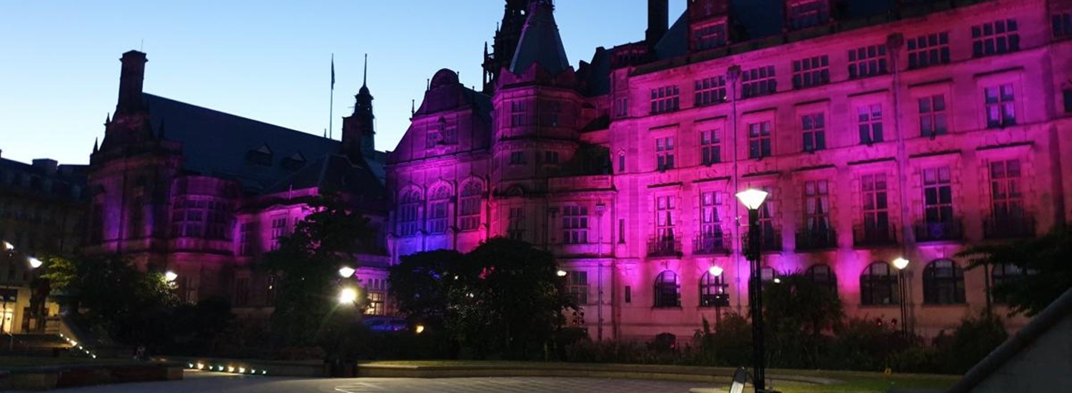 Sheffield town hall lit up at dusk with purple lights