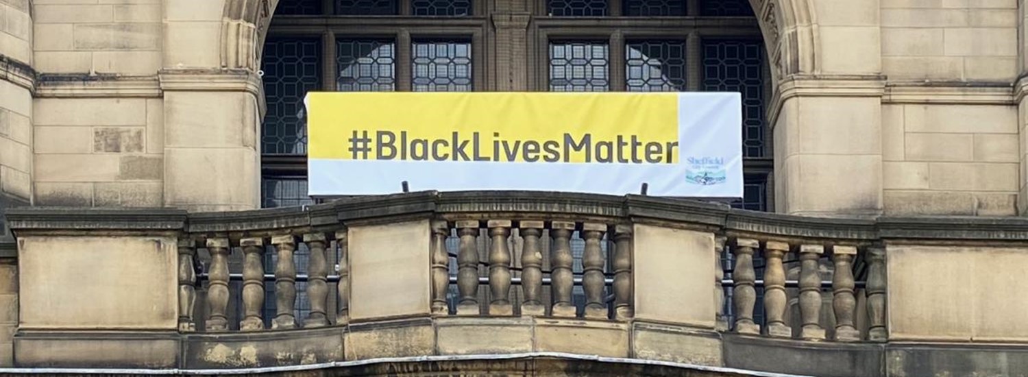 Banner reading Black Lives Matter on Sheffield Town Hall