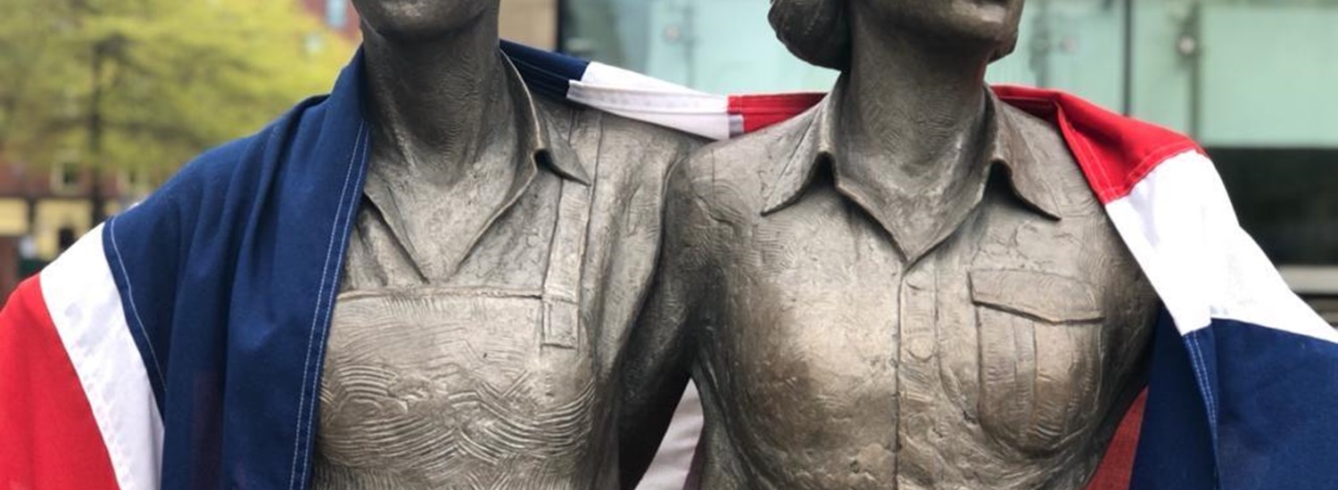 Women of Steel statue draped in the Union Jack