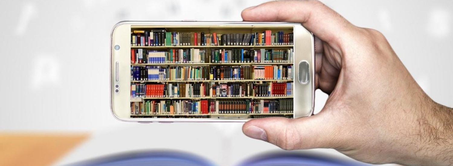 Mobile phone with an image of a bookshelf on it