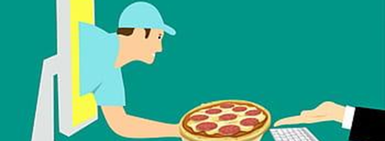 Graphic of a pizza delivery person and pizza