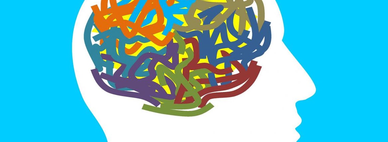 Graphic of a head with a multicoloured spaghetti brain inside