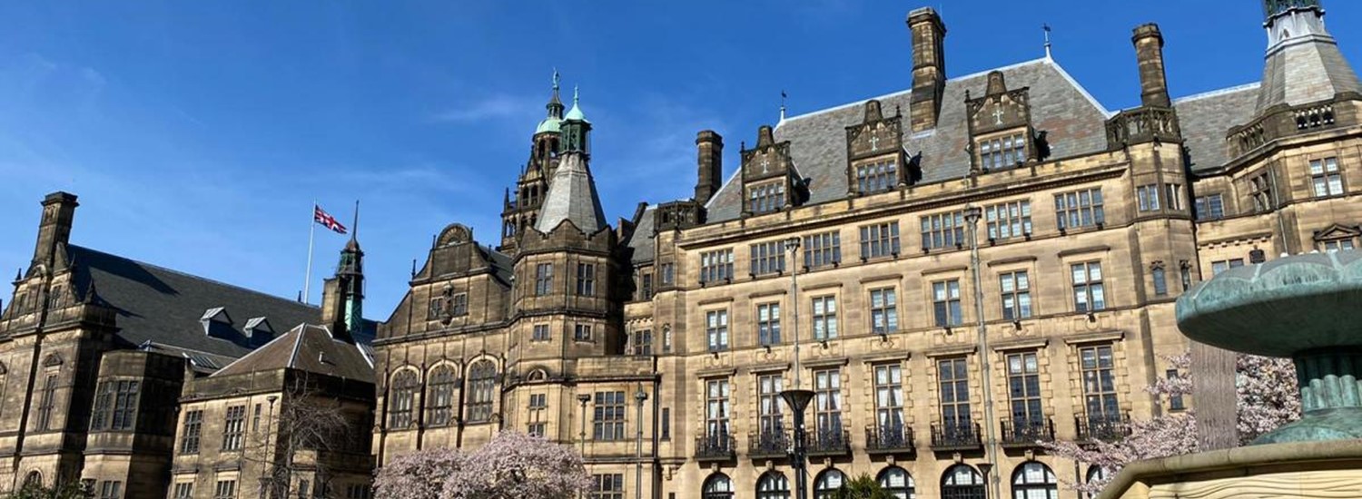 Sheffield Town Hall with bright blue sky