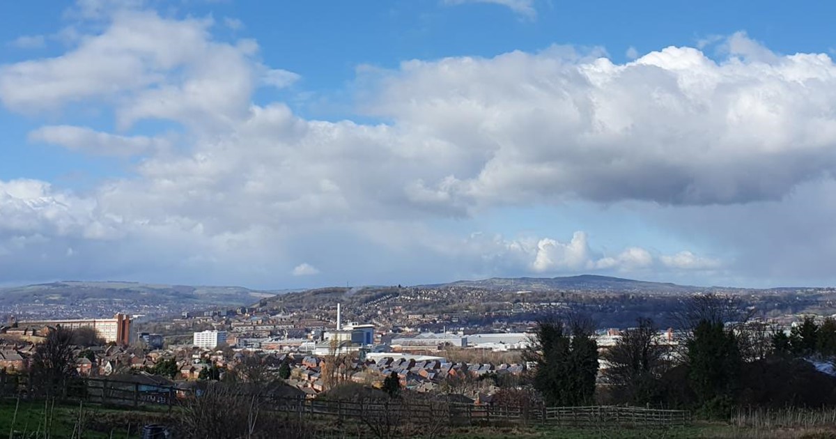 View over Sheffield - blue sky with clouds over neighbourhoods in Sheffield foliage is in the front of the shot