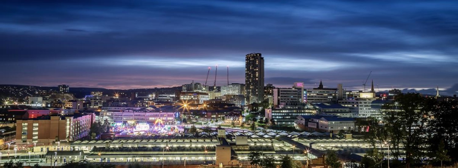 Night view of the Sheffield city centre skyline