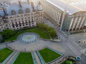 Aerial view of the Peace Gardens and the town hall