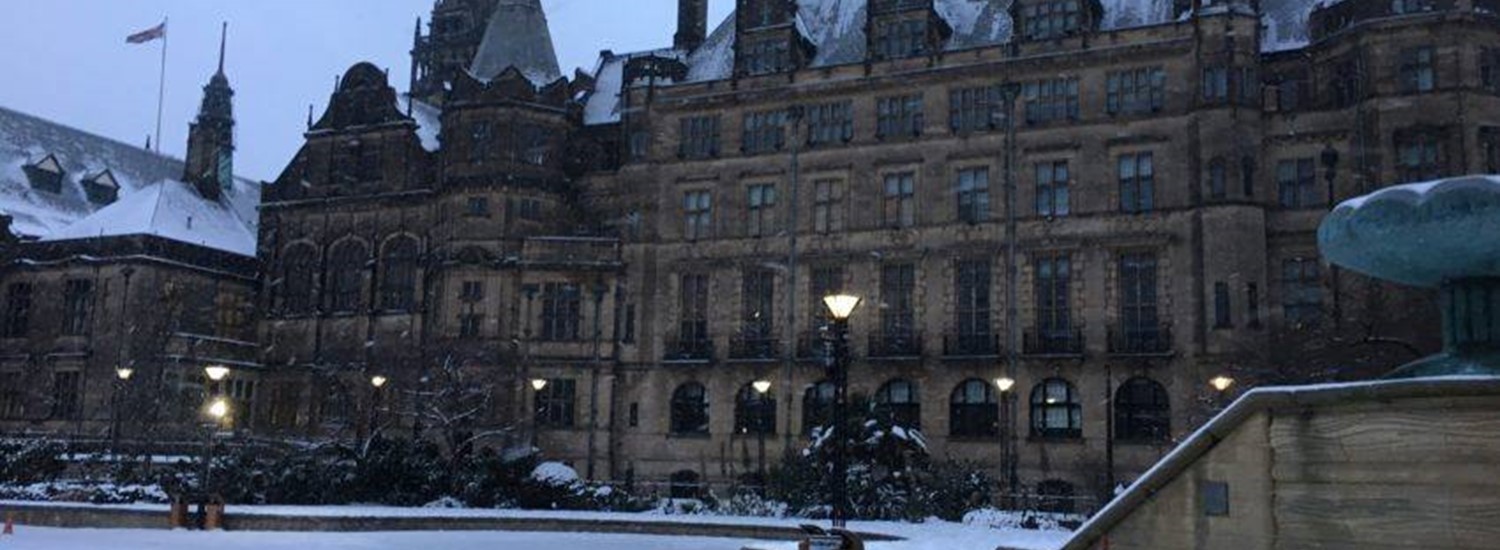 Sheffield Town Hall ad Peace Gardens snow is on the ground