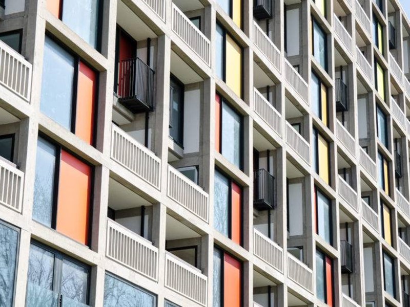 Looking upwards at front of flats